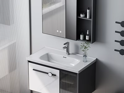 Modern Bathroom Vanity With White Countertop Mirror Cabinet And Small Plant 3d model