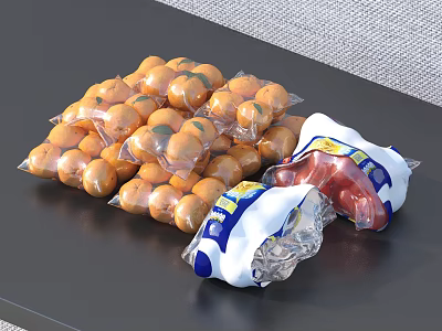 Fresh Tangerines And Strawberries In Transparent Plastic Bags On Black Table 3d model