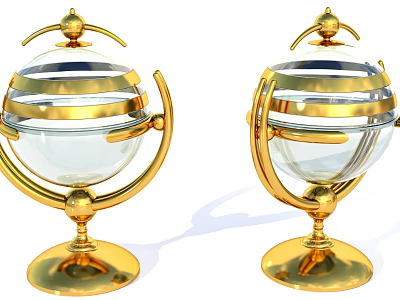 Ornate Golden Globe Decorative Pieces With Transparent Spheres And Stands 3d model