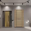 Modern Door Showroom Interior With Various Door Designs Decorative Pillar And Pebbles