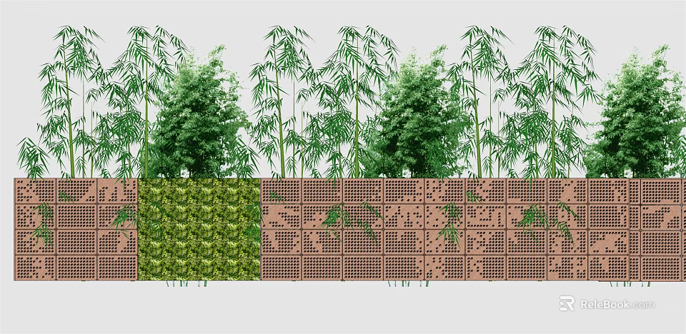 Landscape Wall with Perforated Brick Design and Lush Green Bamboo Shrubs 3d model 