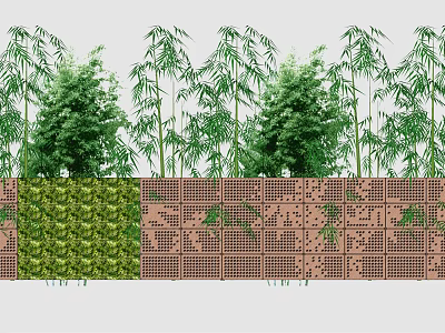 Landscape Wall with Perforated Brick Design and Lush Green Bamboo Shrubs 3d model