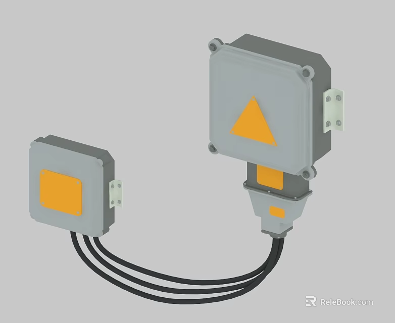 Gray Swing Door Control Device With Yellow Square And Black Cables 3d model 