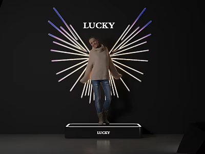 Person Standing On Lucky Platform With Radiant Neon Starburst Light Design 3d model