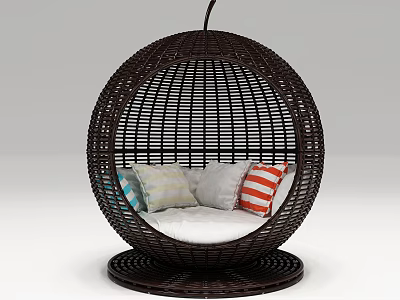 Spherical Rattan Hanging Chair With Colorful Striped Cushions And White Seat 3d model