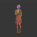 Standing In Red Polka Dot Dress Holding Black Cup Against Gray Background With Beige Shoes