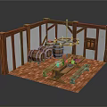 Cartoon Tavern Scene With Half Timbered Walls Wooden Barrels Table Bench And Red Brick Floor