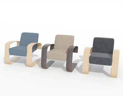 Stylish Modern Single Sofa Collection in Blue Beige Dark Gray with Wooden Armrests 3d model