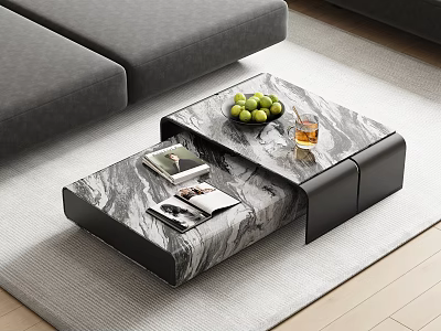 Modern Marble Coffee Table With Green Apples Glass Of Drink And Magazines In Living Room 3d model