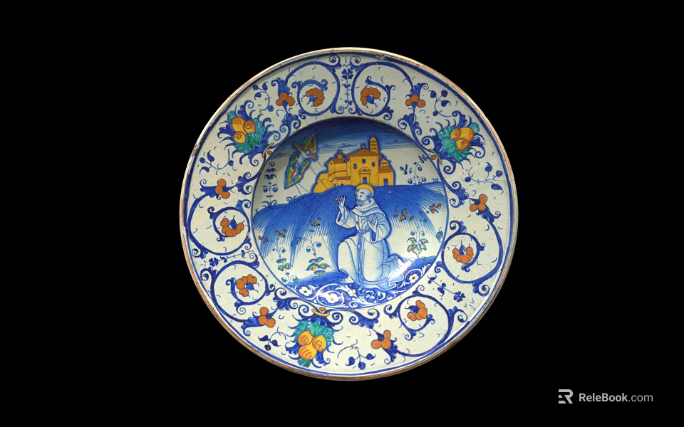 Traditional Ceramic Plate With Blue White Patterns Castle Figure And Floral Motifs 3d model 