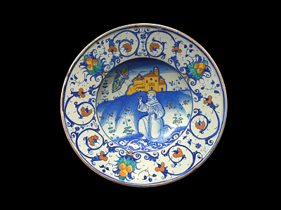 Traditional Ceramic Plate With Blue White Patterns Castle Figure And Floral Motifs 3d model