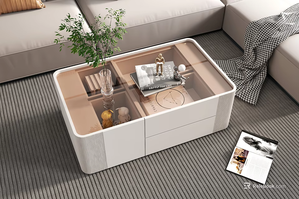 Modern Minimalist Coffee Table With Glass Top Drawers Green Plant And Books In Living Room 3d model 