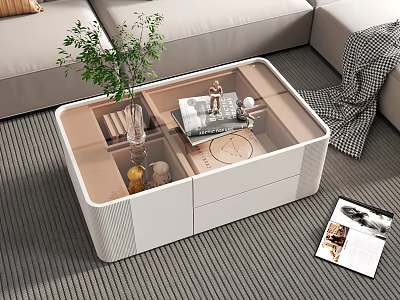 Modern Minimalist Coffee Table With Glass Top Drawers Green Plant And Books In Living Room 3d model