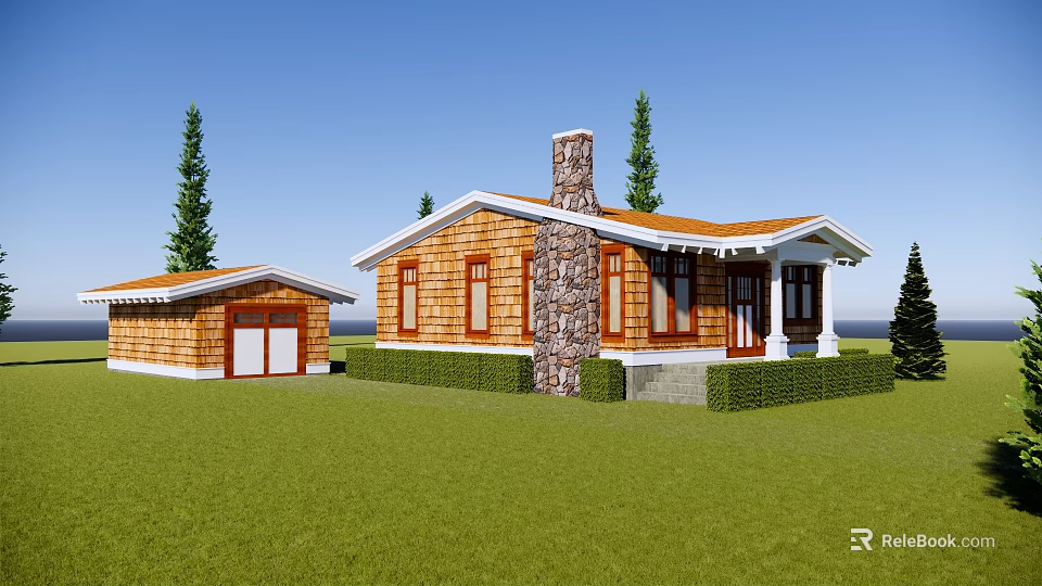 Single Story Wooden House With Orange Roof Stone Chimney Green Lawn And Pine Trees 3d model 