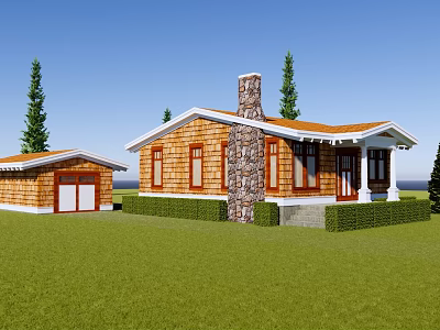 Single Story Wooden House With Orange Roof Stone Chimney Green Lawn And Pine Trees 3d model