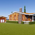 Single Story Wooden House With Orange Roof Stone Chimney Green Lawn And Pine Trees