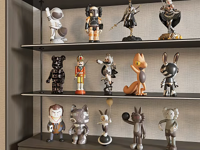 Stylish Decorative Dolls Collection With Animal Robot Astronaut Designs On Shelves 3d model