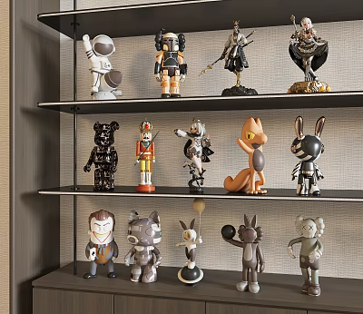 Stylish Decorative Dolls Collection With Animal Robot Astronaut Designs On Shelves 3d model