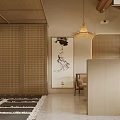 Natural Style Interior With Wooden Beams Woven Pendant Light Decorative Art And Stone Tiles