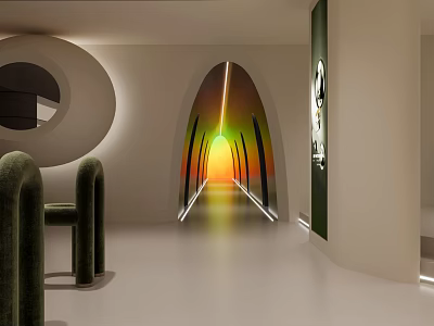 Modern Beauty Salon Interior With Curved Arched Doorway Colorful Lighting And Green Seating 3d model