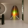 Modern Beauty Salon Interior With Curved Arched Doorway Colorful Lighting And Green Seating