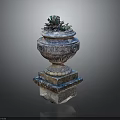 Succulent Plant Growing in Carved Decorative Planter with Pedestal Base and Ornate Details