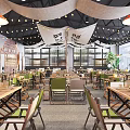 Cozy Hot Pot Restaurant Interior With Wooden Tables Chairs String Lights And Hanging Decorations