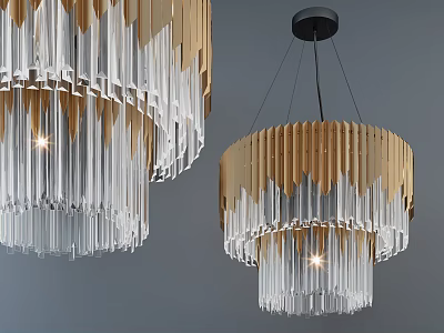 Modern Crystal Chandelier With Wooden Frame And Layered Crystal Strips Emitting Warm Glow 3d model