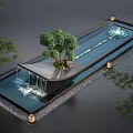 Modern Water Fountain With Small Waterfall Trees And Decorative Lighting
