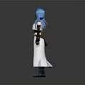 Anime Female Character With Blue Hair Holding Gun And Yellow Sash Outfit On Gray Background