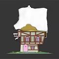 Cartoon Fairy Tale House With Snow Covered Roof Timber Frame Balcony And Green Grassy Base