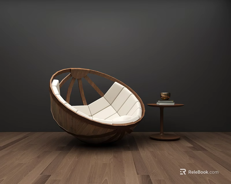 Modern Round Leisure Chair With Wooden Frame White Cushion And Small Side Table Interior 3d model 