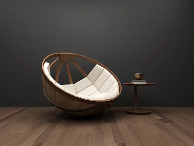 Modern Round Leisure Chair With Wooden Frame White Cushion And Small Side Table Interior 3d model
