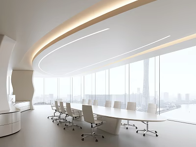Modern Conference Room Interior With Large Windows White Tables Chairs Circular Lighting And City View 3d model