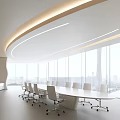 Modern Conference Room Interior With Large Windows White Tables Chairs Circular Lighting And City View