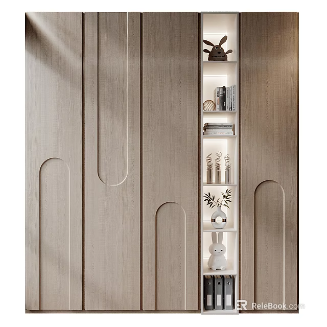 Minimalist Modern Wardrobe With Wooden Panels Open Shelves And Decorative Items 3d model 