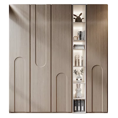 Minimalist Modern Wardrobe With Wooden Panels Open Shelves And Decorative Items 3d model