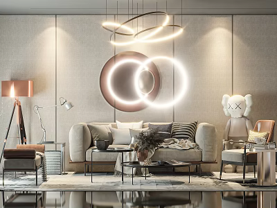 Modern Living Room Sofa And Coffee Table Set With Elegant Lighting And Decorative Accents 3d model