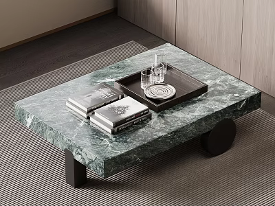 Green Marble Coffee Table with Black Legs Tray Glasses and Books on Rug 3d model