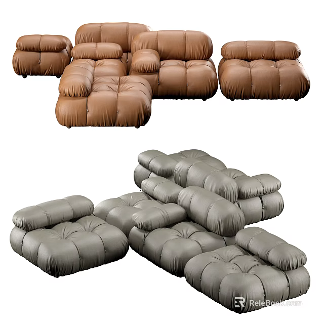Modern Multi Person Sofa With Brown Gray Leather And Tufted Modular Design 3d model 