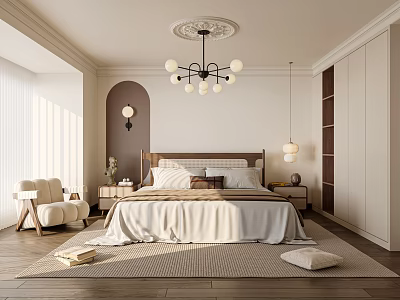 Cozy Modern Bedroom Interior With Arched Doorway Wooden Bed Chandelier And Area Rug 3d model