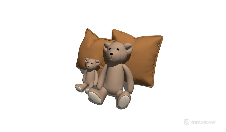 Two Adorable Teddy Bears Sitting with Brown Pillows in Cozy Arrangement 3d model 