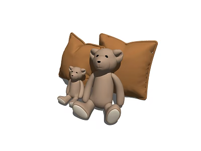 Two Adorable Teddy Bears Sitting with Brown Pillows in Cozy Arrangement 3d model