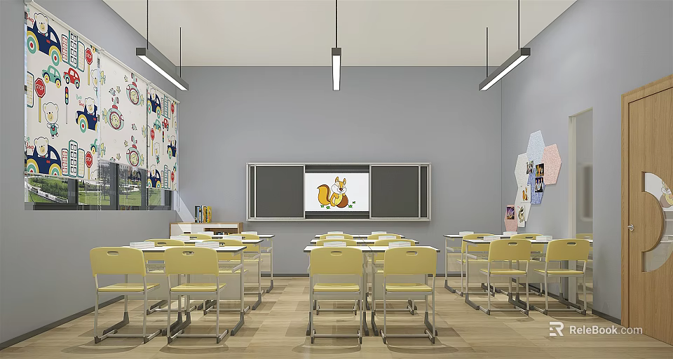 School Classroom Interior With Yellow Desks Chairs Blackboard And Decorative Wall Art 3d model 