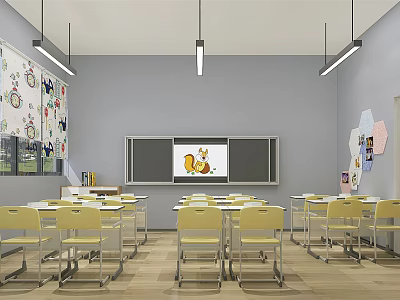 School Classroom Interior With Yellow Desks Chairs Blackboard And Decorative Wall Art 3d model