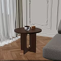 Walnut Wooden Round Top Side Table with White Cup and Pastry in Cozy Living Room