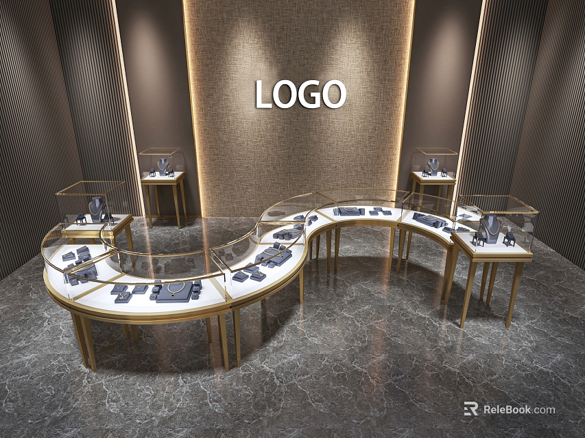 Luxury Jewelry Store Interior With Curved Glass Display Counters Gold Frame And Marble Floor 3d model 
