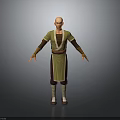 Bald Man in Long Sleeved Green and Brown Robe with Outstretched Arms on Gray Background
