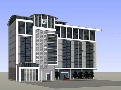 Modern Office Building With Glass Facade Decorative Elements And Entrance Greenery 3d model