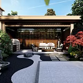 Traditional Japanese Garden Landscape with Wooden Structure Dry Stone Path Green Plants And Colorful Flowers